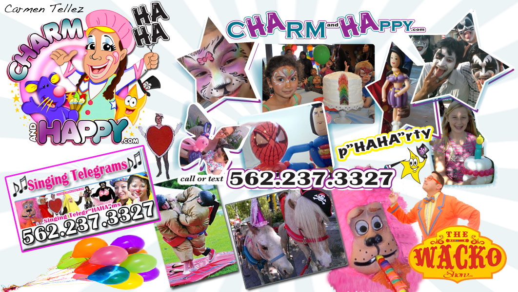 Party Services Quote: CharmandHappy.com Company Event Entertainment Los Angeles birthday party clowns Beverly Hills, Rolling Hills, San Pedro, Newport Coast, Mission Viejo, San Bernardino, San Dimas, Duarte, Whittier clown