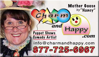 Fancy Nancy as Mother Goose, Clown, puppeteer, magician, in hollywood, ca southern california for tradeshows, stage shows, professional face painter, balloon artist, most any character available by CharmandHappy.com 877-725-6967