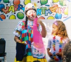 Charm the clown in Whittier California performs magic for a birthday party with kids.