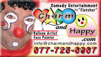 Fletch the clown in Los Angeles, Hollywood, Culver City, Studio City, Beverly Hills, La Canada Flintridge, Pasadena, South Central, Brentwood, Southern California for birthdays company events party magic face painter balloon artist and organized games host by CharmandHappy.com 877-725-6967